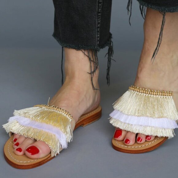 MYSTIQUE Caracas Fringed Leather Slip On Slide Sandals in Beige Beach Size US 7 - Picture 2 of 12